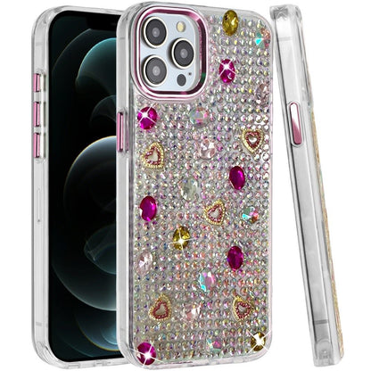 Phone Case for Apple iPhone 12 Pro Max Chrome Fashion Hybrid Bling Diamond Heart Rhinestone Decorative Stones Sparkling Embellished Design Cover