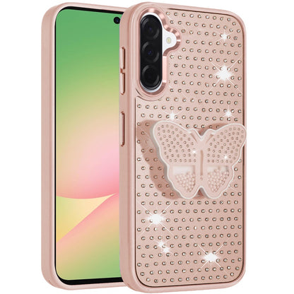 For Samsung Galaxy A37 Butterfly Moveable Grip 3D Pop Stand Full Diamond Bling Sparkling TPU Fashion Hybrid Case Cover