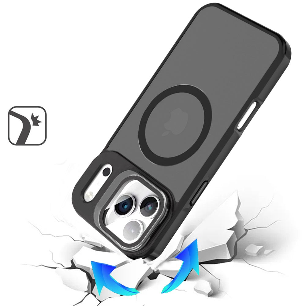 Phone Case for Apple iPhone 17 Pro Max Magnetic Circle Camera Stand Aluminum Frame Shockproof Rugged Kickstand Metallic Button Hybrid Protective Durable Grip Cover Black