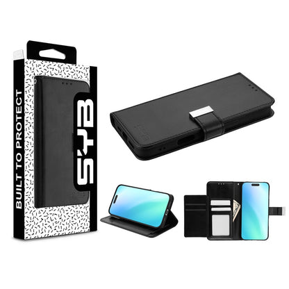 For Leather Wallet Folio Case with Credit Card Slots Pouch Cover for Apple iPhone 16 - Black Case Cover Black