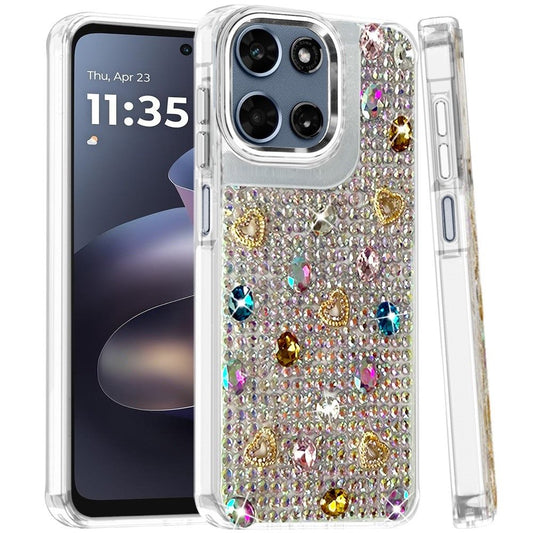 Phone Case for Motorola Moto G 5G 2026/ 2025 Chrome Fashion Hybrid Bling Diamond Heart Rhinestone Decorative Stones Sparkling Embellished Design Cover Multicolor