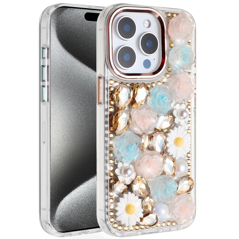 For Apple iPhone 15 Pro Max Fashion Daisy Floral Series, Full 3D Bling Crystal Diamonds Sparkling Rhinestone Glitter Hybrid Design Case Cover Gold