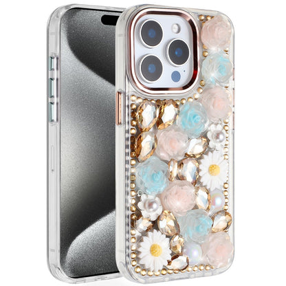 For Apple iPhone 15 Pro Max Fashion Daisy Floral Series, Full 3D Bling Crystal Diamonds Sparkling Rhinestone Glitter Hybrid Design Case Cover Gold