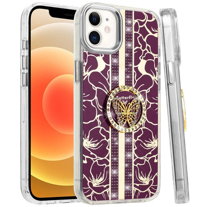 Phone Case for Apple iPhone 12 /12 Pro Floral Butterfly Ring Stand Glitter Bling Shockproof Hybrid Luxury Fashion Protective Anti Slip Durable Grip Cover Purple