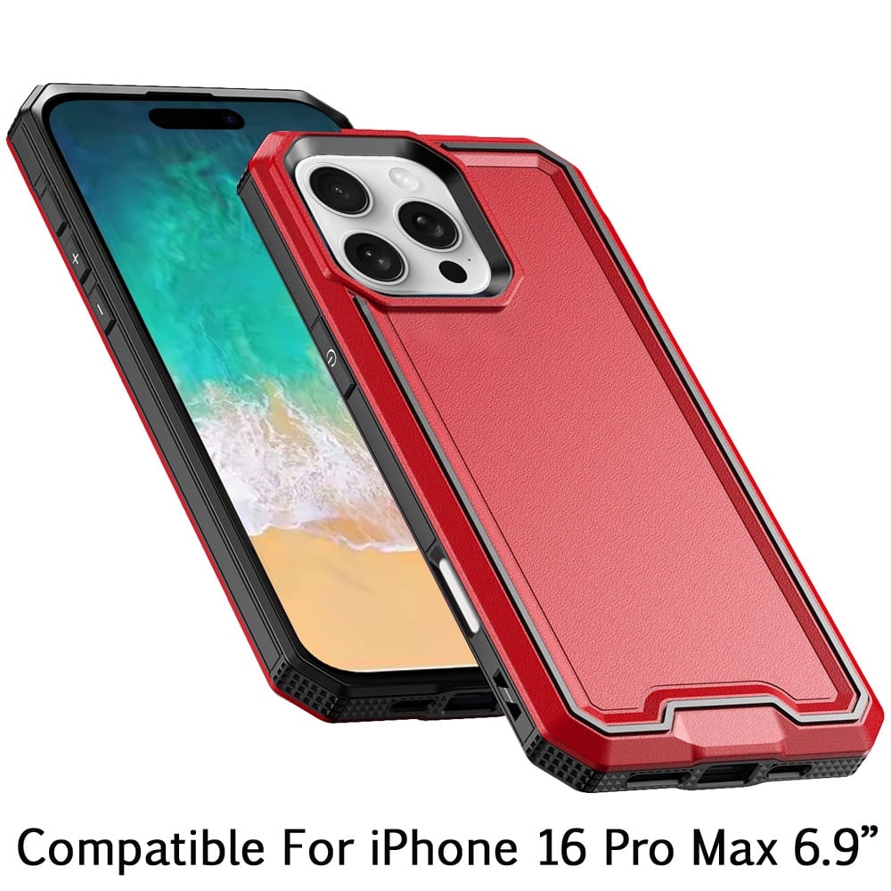 For iPhone 16 Pro Max (6.9") Tough Modern Fused Hybrid Armor Hard PC TPU Rubber Shockproof Drop Protection Impact Case Cover Red