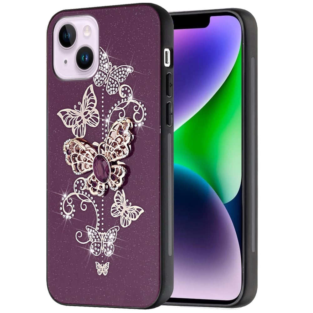 Phone Case for iPhone 14/13 Diamond Glitter 3D Butterfly Engraved Luxury Bling Hybrid Shockproof Chrome Edge Protective Durable Grip Cover Purple