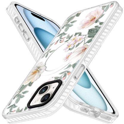 Phone Case for iPhone 15 Magnetic Hybrid IMD Floral Compatible with MagSafe Shockproof Slim Hybrid Fashion Design TPU Protective Cover Light Floral with Gray Leaves