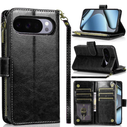 Phone Case for Google Pixel 11 Pro XL Luxury Leather Wallet Card Holder Zipper Pocket Money Storage Protective Grip Design with Strap Cover