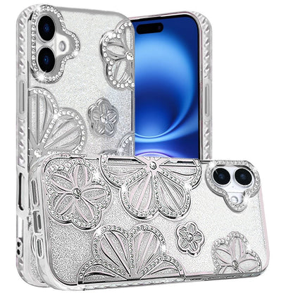 For Apple iPhone 17 (6.3") Luxury Flower Design Sparkle Glitter Diamond Rhinestone Shimmer Bling Plating Thick TPU Hard PC Case Cover