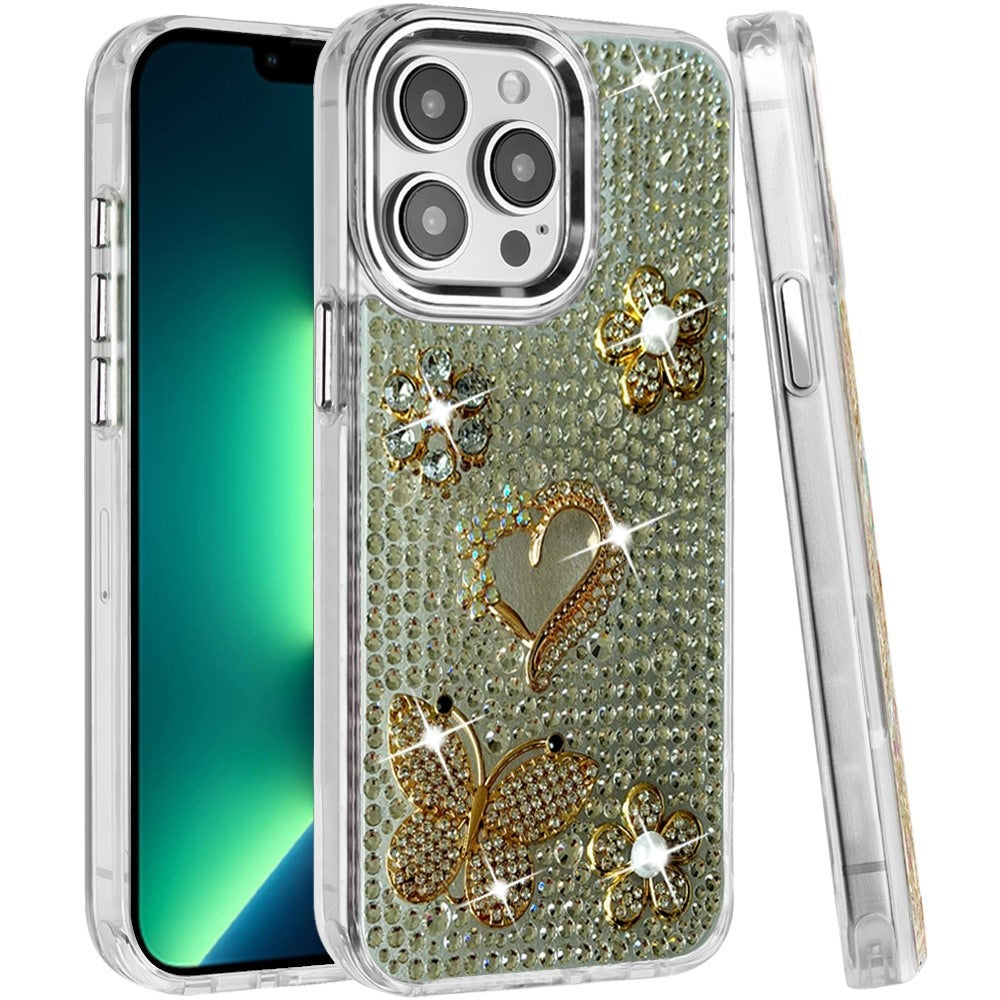 Phone Case for Apple iPhone 13 Pro Max Luxury Crystal Butterfly Floral Jeweled Heart Full Diamond Design, Sparkling Decorative Details, Elegant Style Cover
