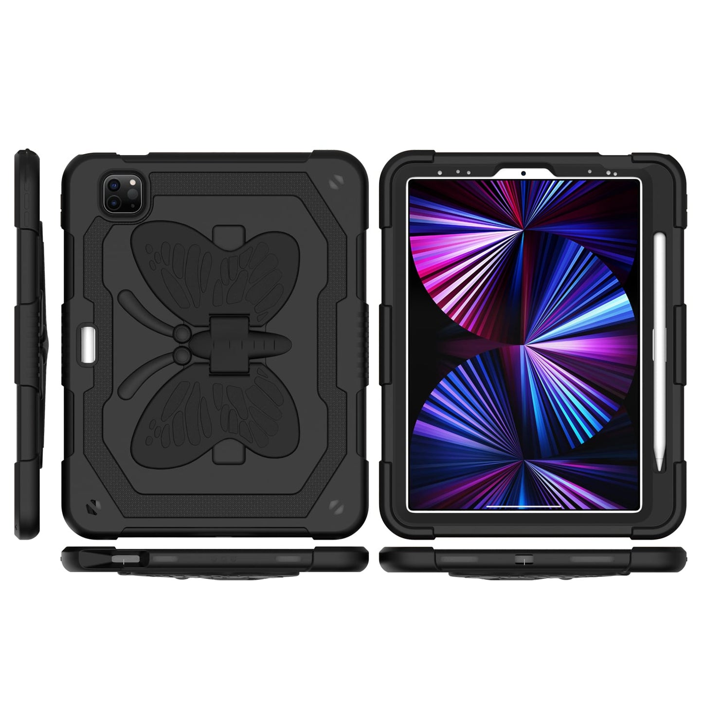 Tablet Case for Apple iPad Air 5th /4th Gen /iPad Pro (11inch) 2024 Butterfly Kickstand Hybrid 3D Design Heavy Duty Shockproff Kids Rubber Shock Absorbing Reinforced Corners Cover Black +Black