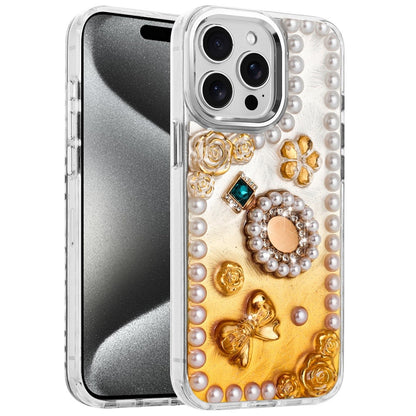 For Apple iPhone 13 Pro Max Bling Fashion Design with 3D Pearls Epoxy Glitter Ornaments Chrome Edge Hard Slim PC Case Cover