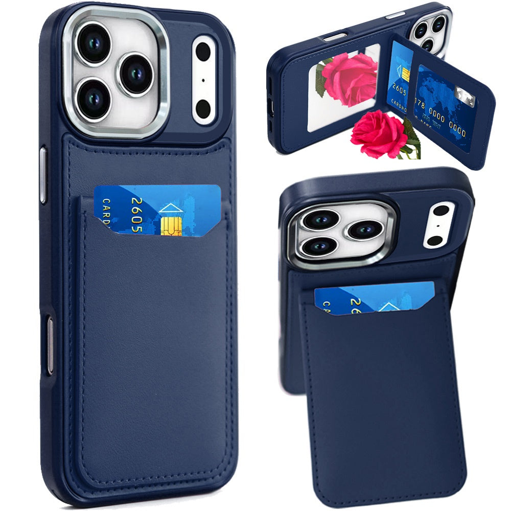 For Apple iPhone 17 Pro (6.3") PU Leather Wallet Cover with Credit Card Holder, Kickstand & Mirror Inside Slim Fit TPU & PC Hybrid Design Case Cover