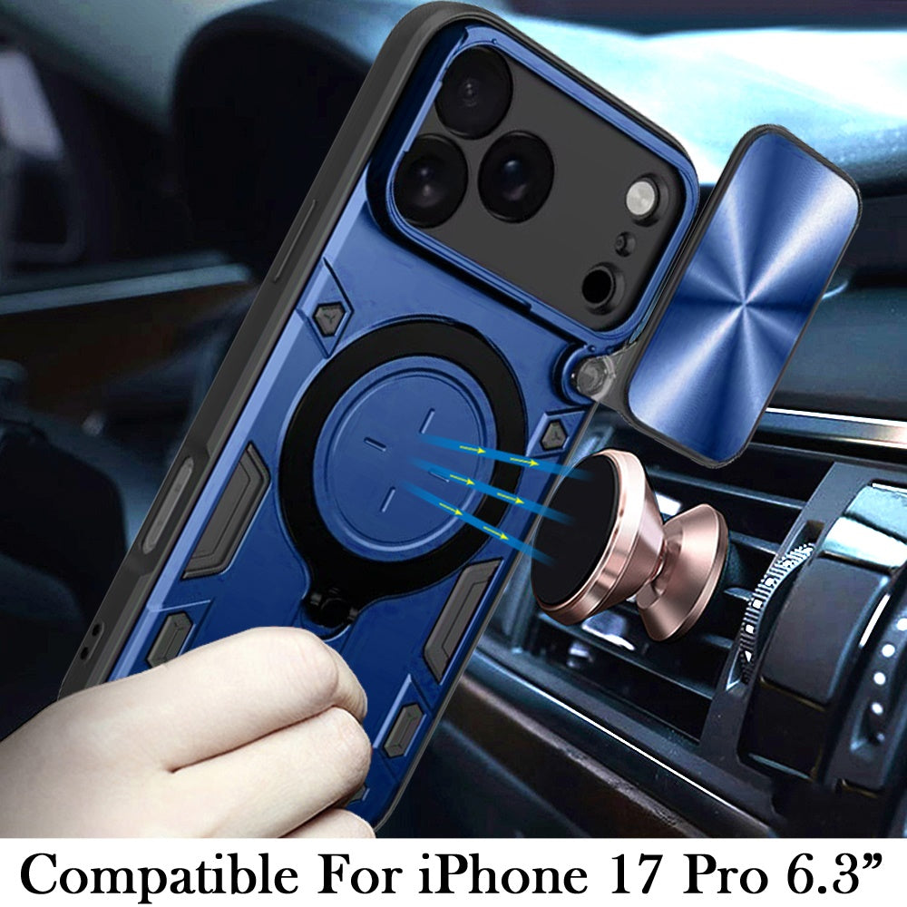 For Apple iPhone 17 Pro (6.3") Hybrid Magnetic 360° Ring Kickstand, MagSafe Compatible, Durable Full Camera Lens Protection Case Cover Blue