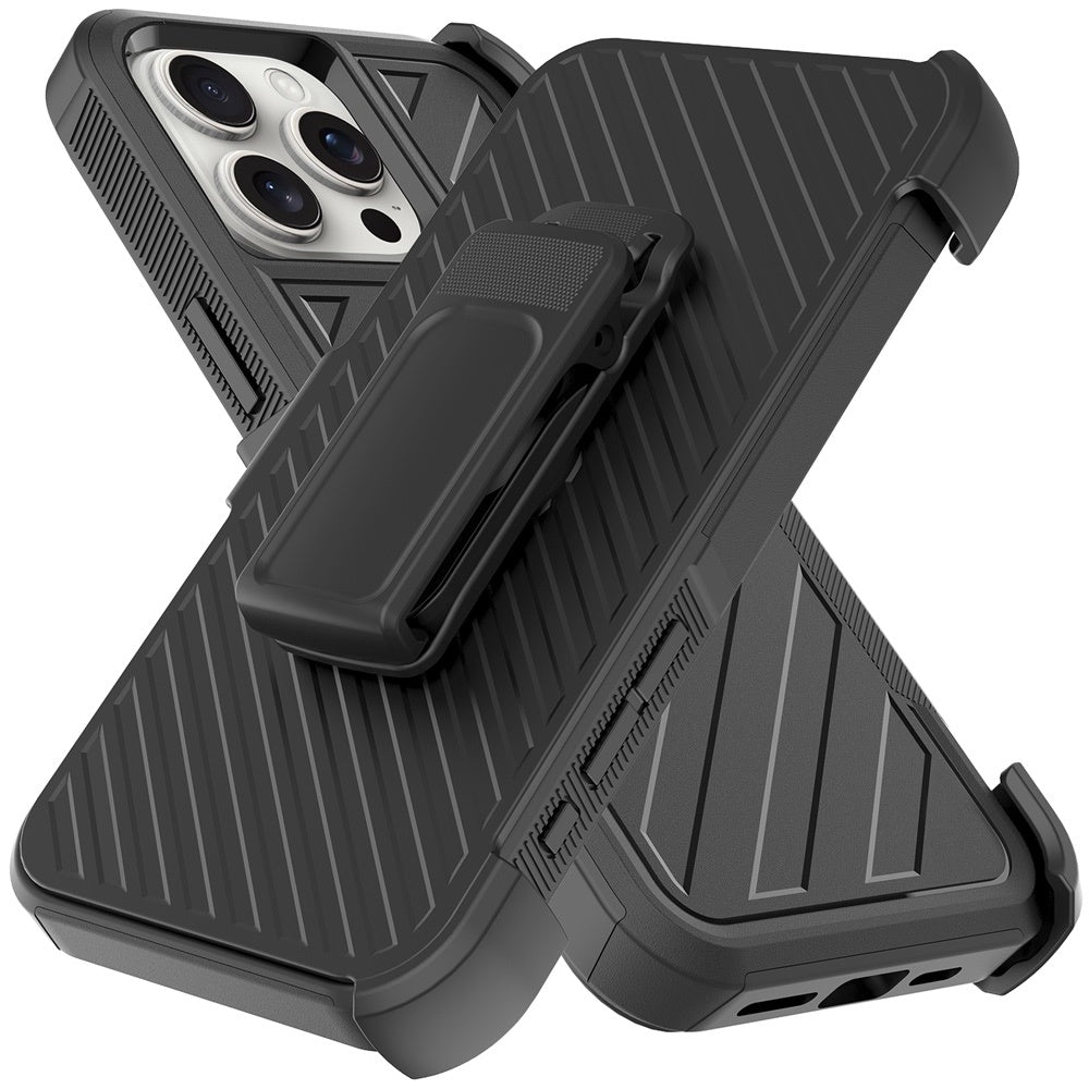 For Apple iPhone 16 Pro Max (6.9") Premium Design Hybrid lined with Belt Clip Holster Shockproof Rugged Textured 2in1 Non Slip Tough Case Cover Gray