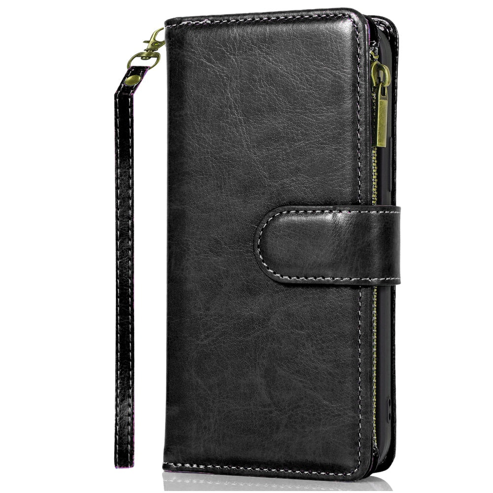For Apple iPhone 17E /16E Leather Wallet Case with Zipper, 9 Card Slots, Cash Pocket, Stand & Strap, Clutch Pouch Design Case Cover Black