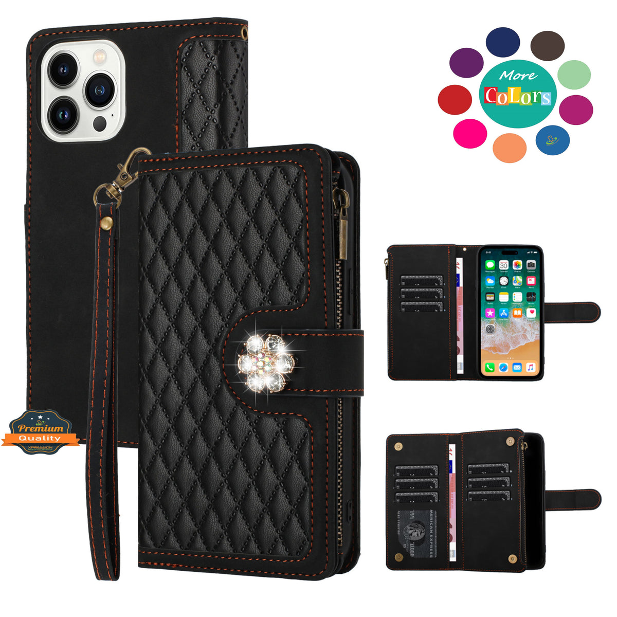 PU Leather Wallet Design Jewel Bling with Credit Card Holder Flip Folio Pouch Zipper Purse Wrist Strap