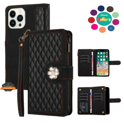 PU Leather Wallet Design Jewel Bling with Credit Card Holder Flip Folio Pouch Zipper Purse Wrist Strap