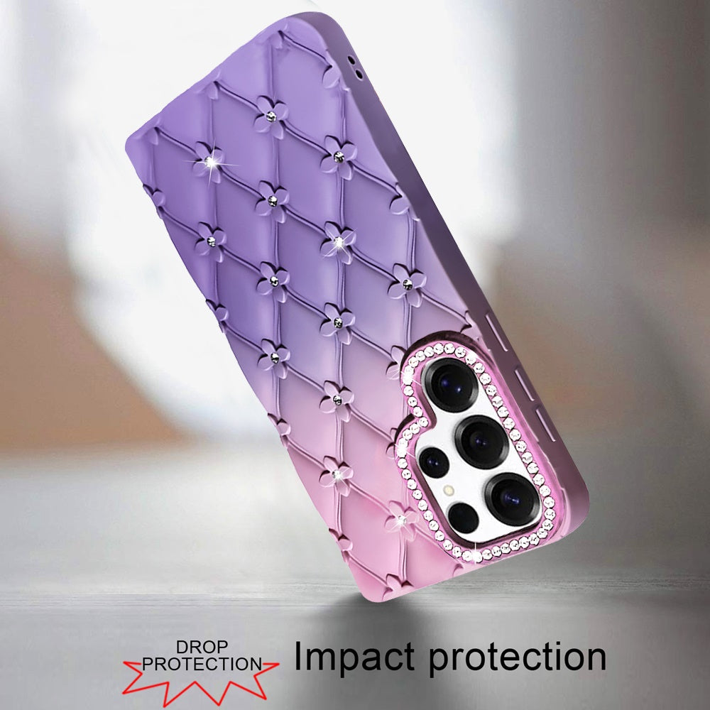 For Samsung Galaxy S25 Ultra Fashion Flower Design Sparkle Glitter Shimmer Rhinestone Bling Floral Accents, Leather Texture TPU Case Cover Light Blue/Light Pink