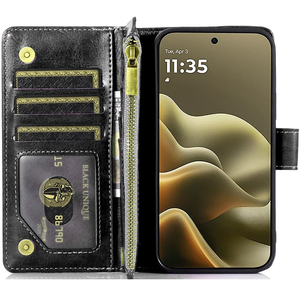 Phone Case for Motorola Edge 2026 Luxury Leather Wallet Card Holder Zipper Pocket Money Storage Protective Grip Design with Strap Cover