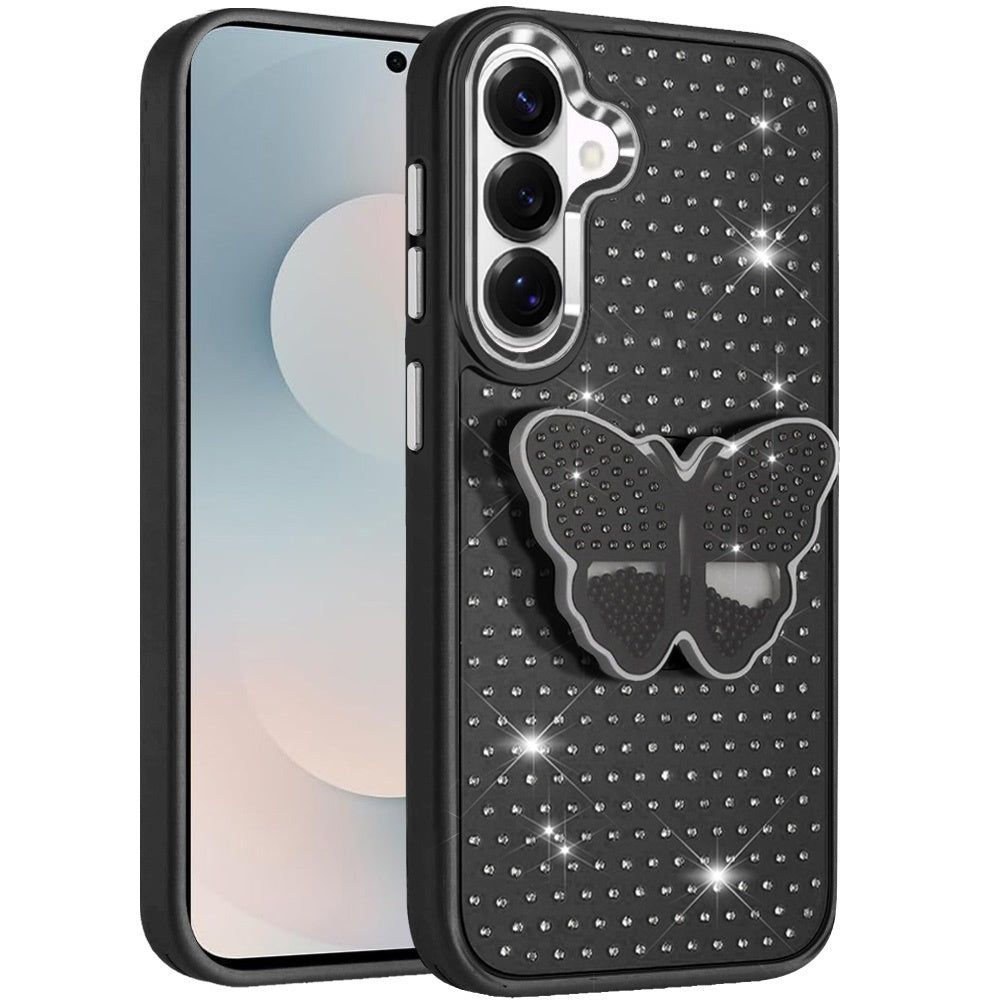 For Samsung Galaxy S26+ / S26 Plus Butterfly Moveable Grip 3D Pop Stand Full Diamond Bling Sparkling TPU Fashion Hybrid Case Cover