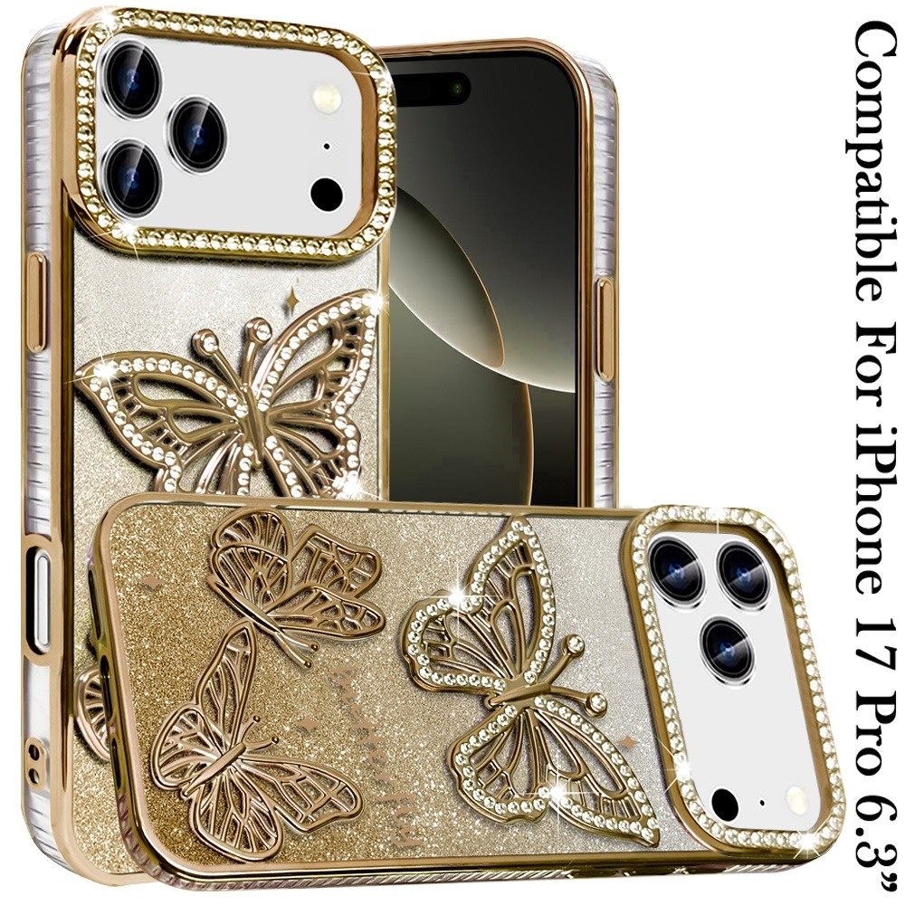 For Apple iPhone 17 Pro (6.3") Luxury Butterfly Sparkle Glitter Diamond Crystal Rhinestone Shimmer Bling Plating Thick TPU Hard PC Case Cover