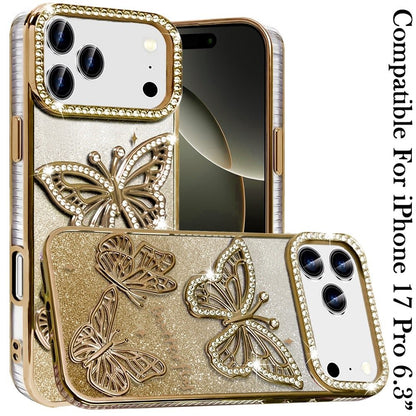 For Apple iPhone 17 Pro (6.3") Luxury Butterfly Sparkle Glitter Diamond Crystal Rhinestone Shimmer Bling Plating Thick TPU Hard PC Case Cover