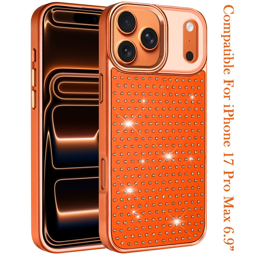 Phone Case for Apple iPhone 17 Pro Max (6.9") Luxury Diamond Bling Sparkle Chrome Metallic Edge Shockproof Durable Protective Stylish Premium Hybrid Design Cover Cosmic Orange