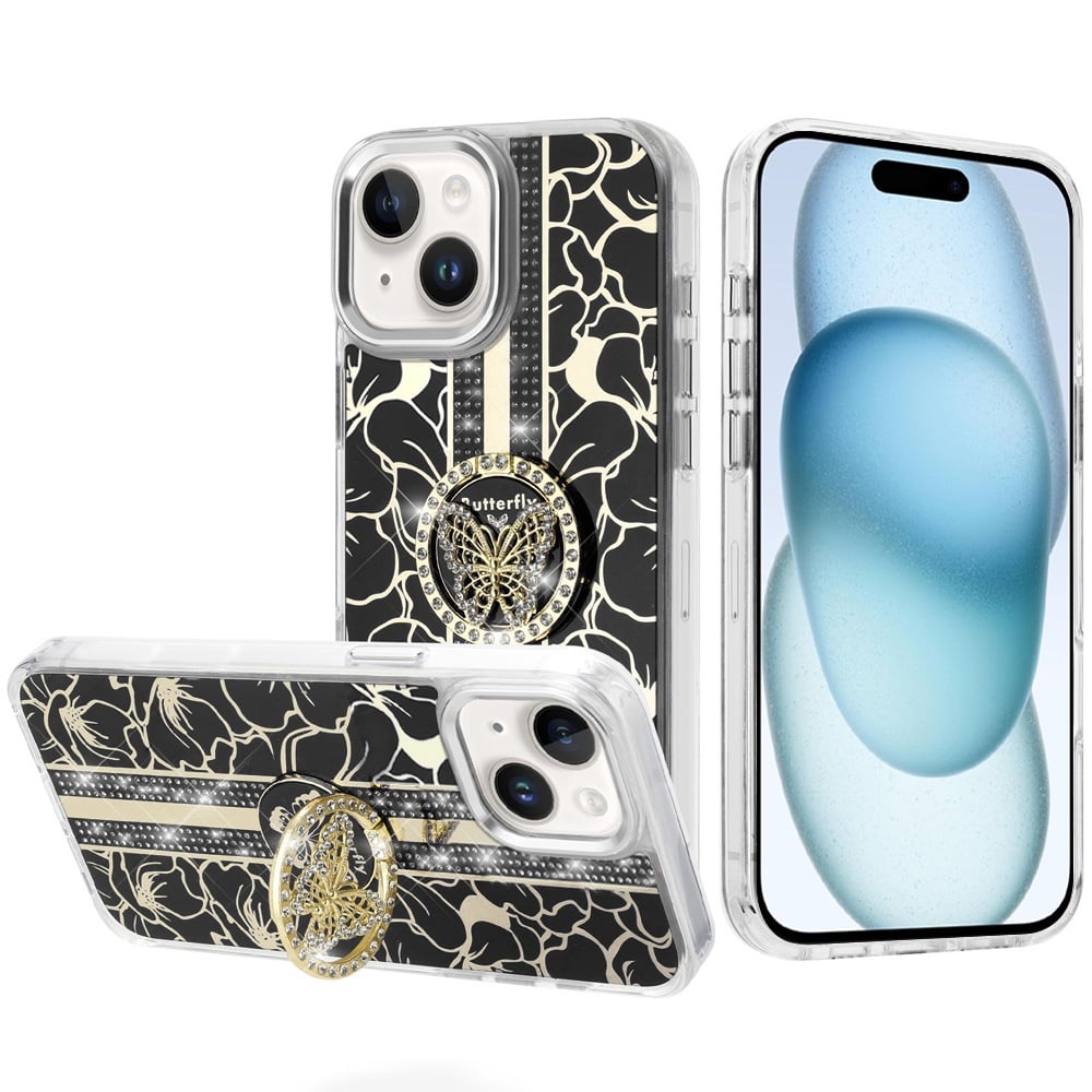 Phone Case for Apple iPhone 15 Floral Butterfly Ring Stand Glitter Bling Shockproof Hybrid Luxury Fashion Protective Anti Slip Durable Grip Cover Black