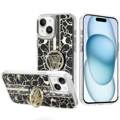 Phone Case for Apple iPhone 15 Floral Butterfly Ring Stand Glitter Bling Shockproof Hybrid Luxury Fashion Protective Anti Slip Durable Grip Cover Black