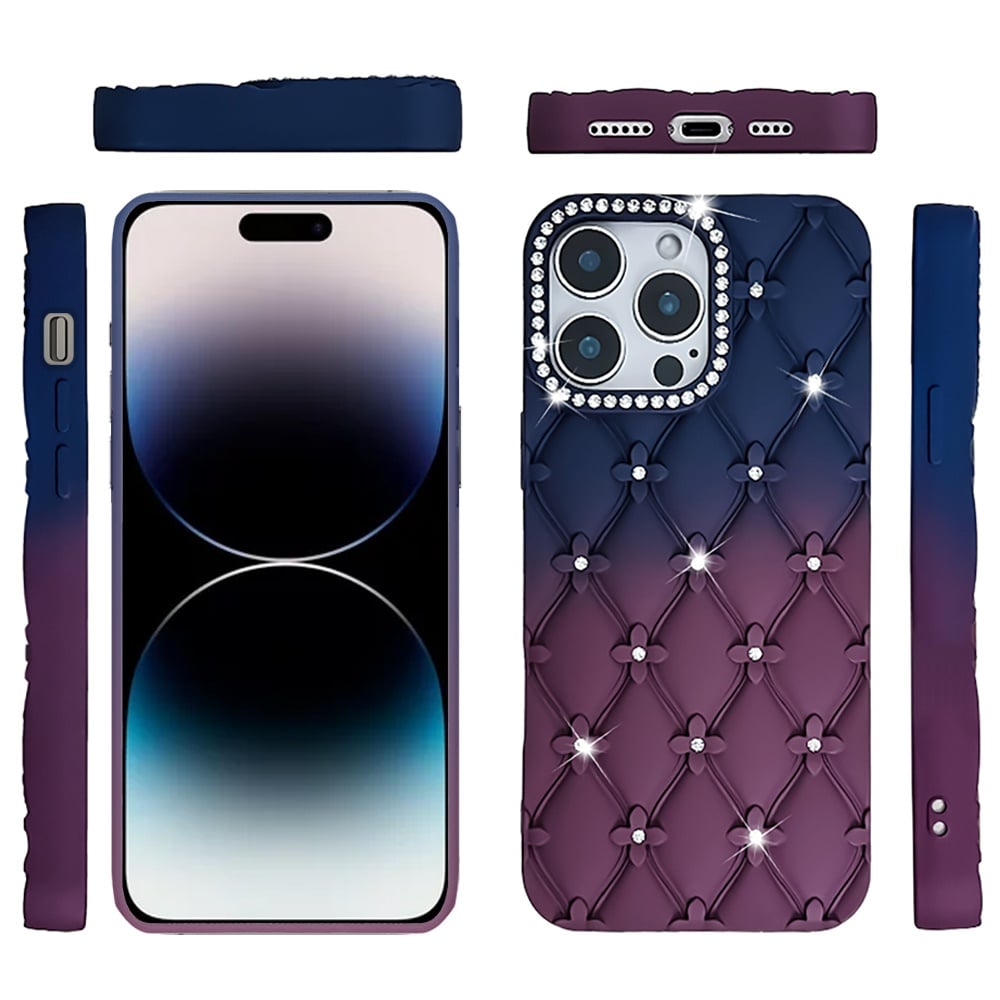 For iPhone 14 Pro Max (6.7") Fashion Flower Design Sparkle Glitter Shimmer Rhinestone Bling Floral Accents, Leather Texture TPU Case Cover