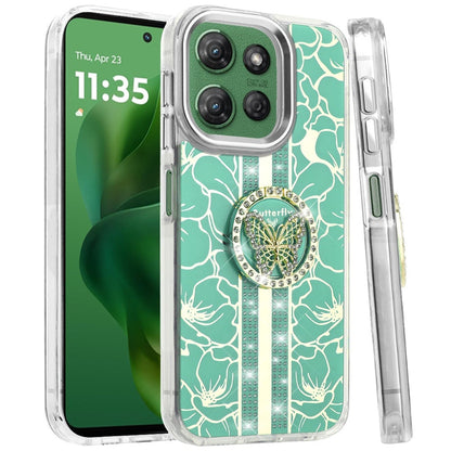 For Motorola Moto G Power 5G 2026 /2025 Diamonds 3D Butterfly Floral Design Bling Sparkly Glitter Hybrid Metal Fashion with Ring Stand Case Cover