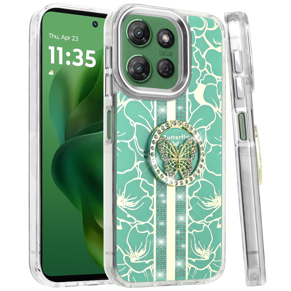 For Motorola Moto G 5G /Moto G 2025 Diamonds 3D Butterfly Floral Design Bling Sparkly Glitter Hybrid Metal Fashion with Ring Stand Case Cover
