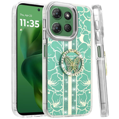 For Motorola Moto G 5G /Moto G 2025 Diamonds 3D Butterfly Floral Design Bling Sparkly Glitter Hybrid Metal Fashion with Ring Stand Case Cover