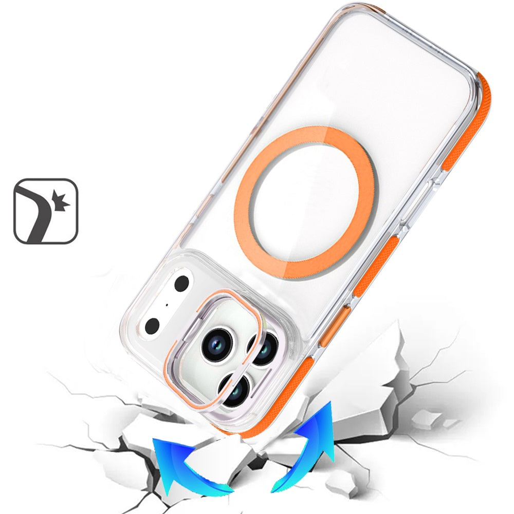 For Apple iPhone 17 Pro (6.3") Hybrid Clear Back Case with Invisible Camera Bracket Stand, MagSafe Magnetic Circle, Shockproof Color Frame Case Cover Cosmic Orange