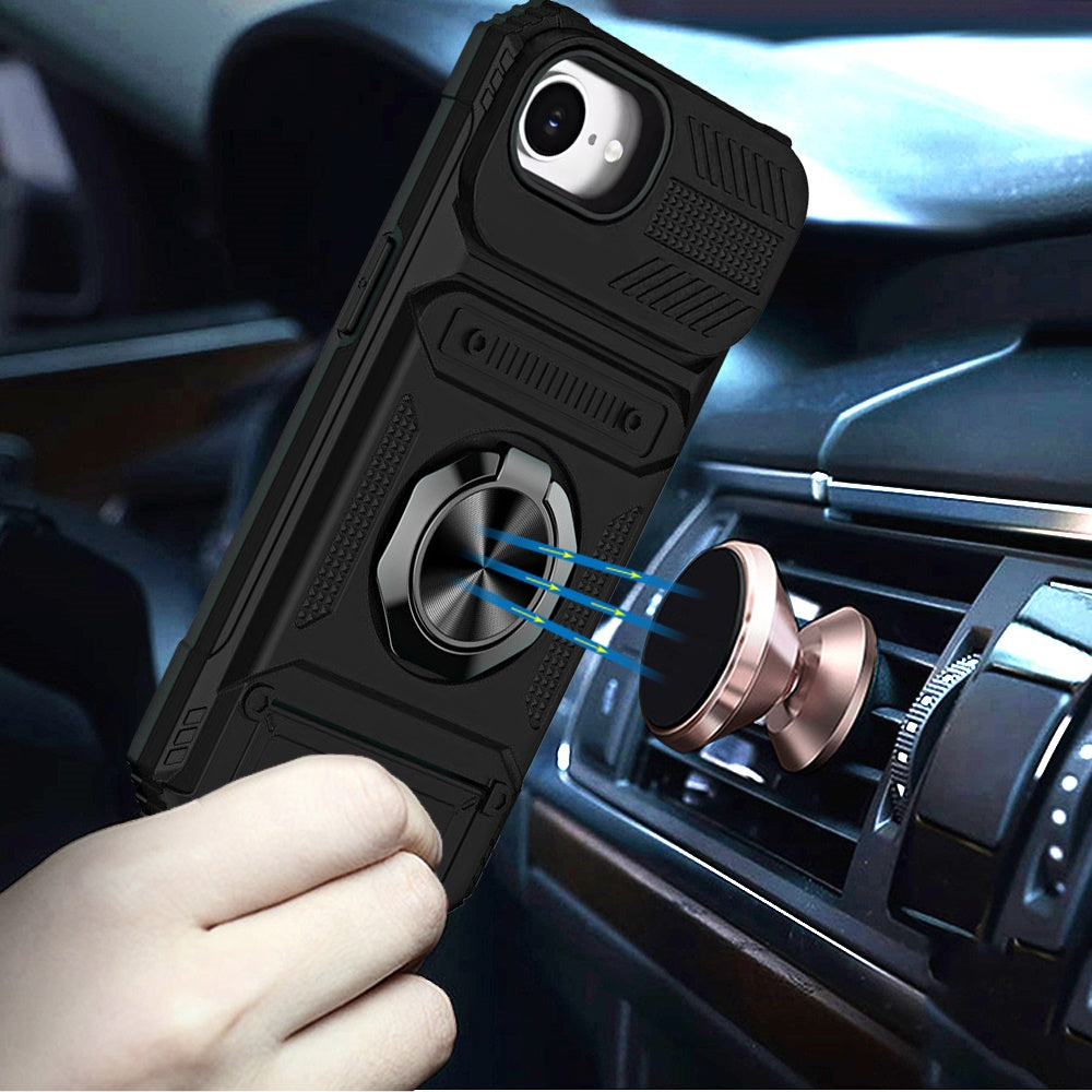 For Apple iPhone 17E /16E 2X Card Slot Metal Ring Stand Hybrid Shockproof Heavy Duty Drop Protection Multi Functional Design Case Cover