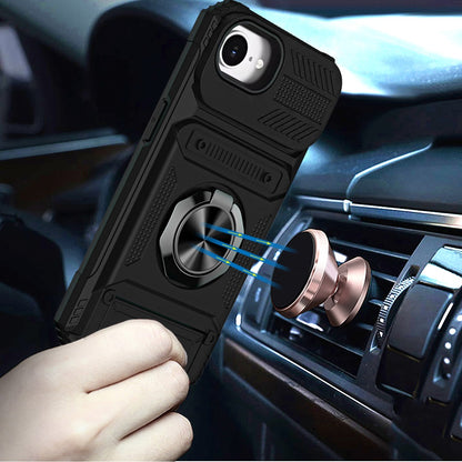 For Apple iPhone 17E /16E 2X Card Slot Metal Ring Stand Hybrid Shockproof Heavy Duty Drop Protection Multi Functional Design Case Cover