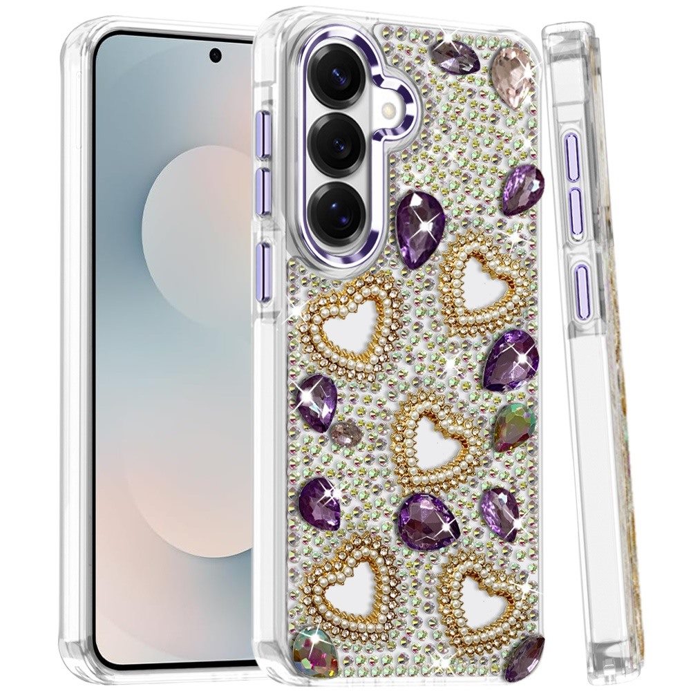 Phone Case for Galaxy S25 FE Fan Edition Luxury Crystal Heart Rhinestone Diamond Bling Shockproof Hybrid Glitter Protective Stylish Durable Grip Cover