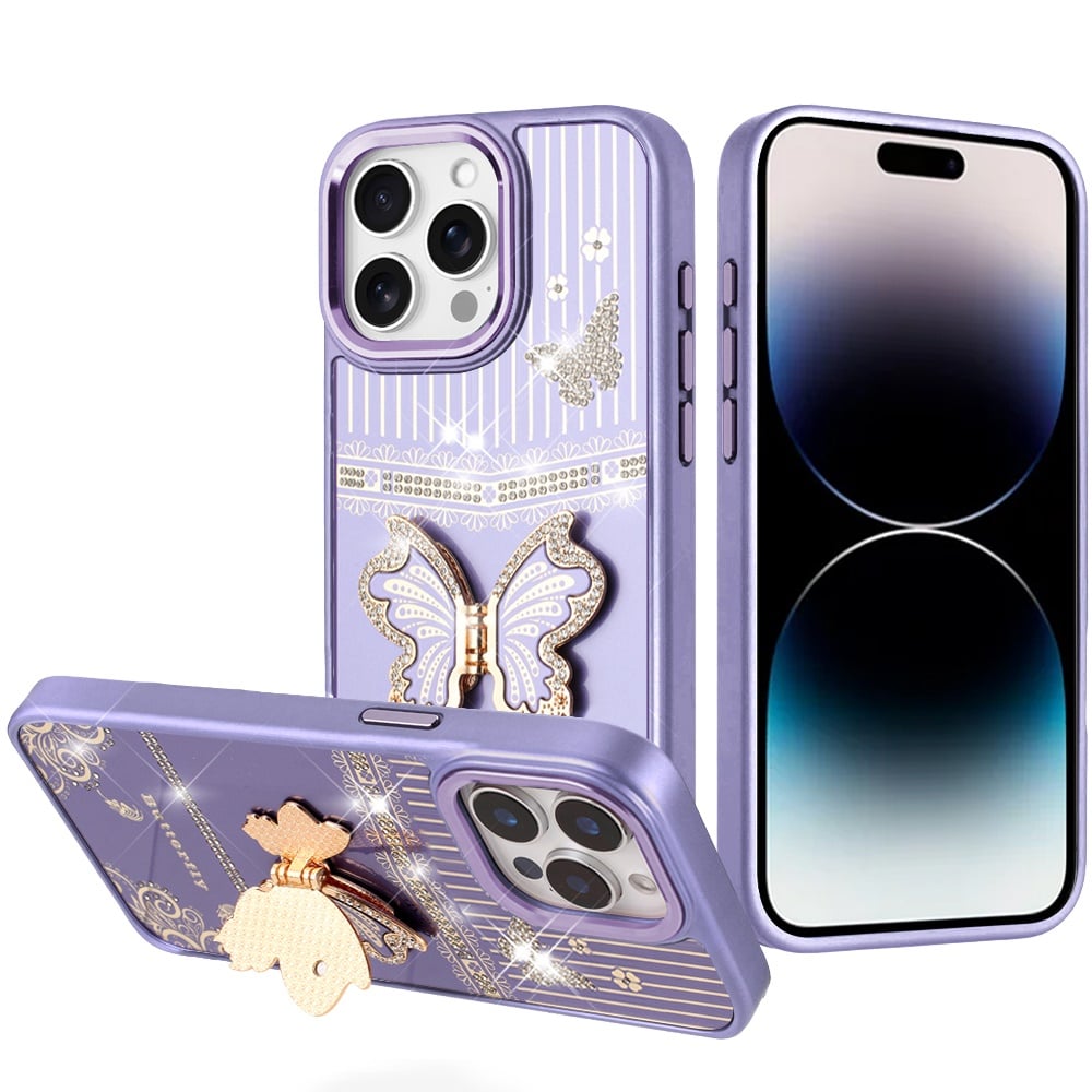 For iPhone 14 Pro Max (6.7") Glitter 3D Butterfly Design Bling Metallic Edge Hybrid Stand Drop Protection TPU Shockproof Case Cover Red