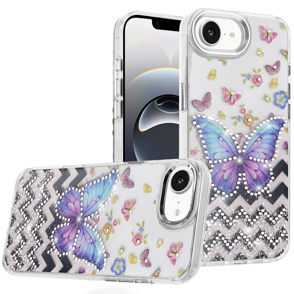 For Apple iPhone 17E /16E Butterfly Resin Epoxy Diamond Design Metal Edged Hybrid Shockproof Heavy Duty Drop Protection Case Cover