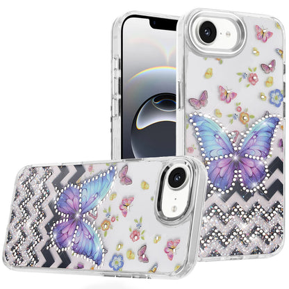 For Apple iPhone 17E /16E Butterfly Resin Epoxy Diamond Design Metal Edged Hybrid Shockproof Heavy Duty Drop Protection Case Cover