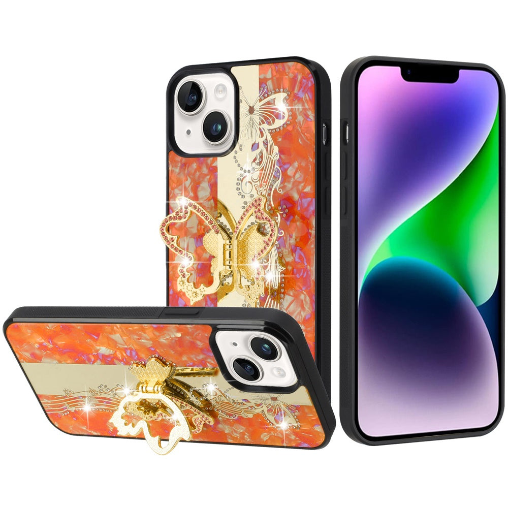 Phone Case for Apple iPhone 14/13 Diamond 3D Fashion Floral Glitter Engraved Luxury Bling Hybrid Shockproof Chrome Edge Protective Grip Cover Enchanted Butterfly Cosmic Orange
