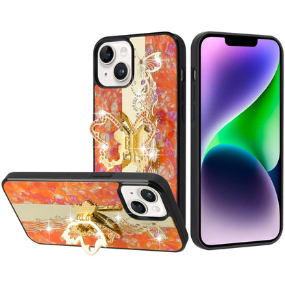 Phone Case for Apple iPhone 14/13 Diamond 3D Fashion Floral Glitter Engraved Luxury Bling Hybrid Shockproof Chrome Edge Protective Grip Cover Enchanted Butterfly Cosmic Orange