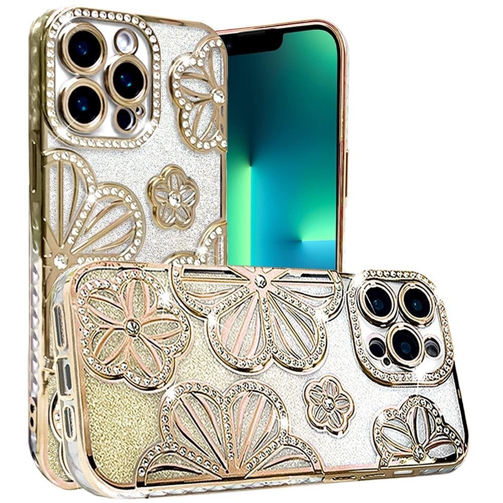 For Apple iPhone 13 Pro Max Luxury Flower Design Sparkle Glitter Diamond Rhinestone Shimmer Bling Plating Thick TPU Hard PC Case Cover