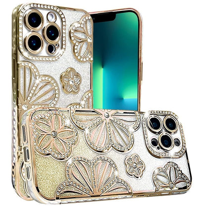 For Apple iPhone 13 Pro Max Luxury Flower Design Sparkle Glitter Diamond Rhinestone Shimmer Bling Plating Thick TPU Hard PC Case Cover