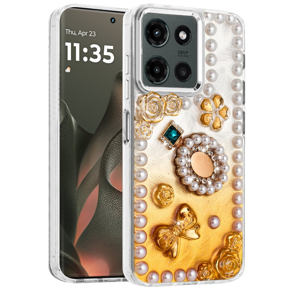 For Motorola Moto G Stylus 5G 2025 Bling Fashion Design with 3D Pearls Epoxy Glitter Ornaments Chrome Edge Hard Slim PC Case Cover