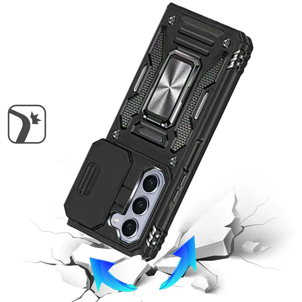 Phone Case for Samsung Galaxy Z Fold 7 Tough Metal Ring Shockproof Sliding Camera Window Hybrid Armor Rugged Anti Slip Heavy Duty Grip Cover Black