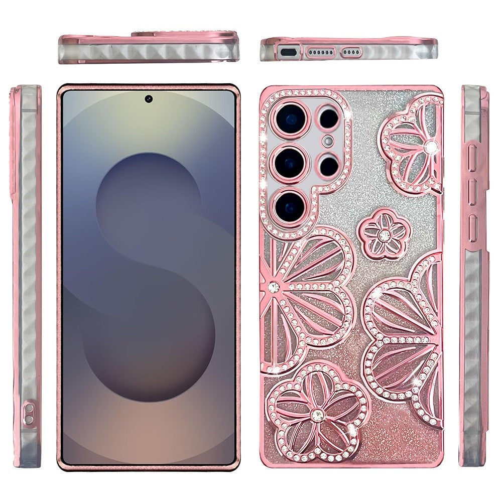 For Samsung Galaxy S25 Ultra Luxury Flower Design Sparkle Glitter Diamond Rhinestone Shimmer Bling Plating Thick TPU Hard PC Case Cover
