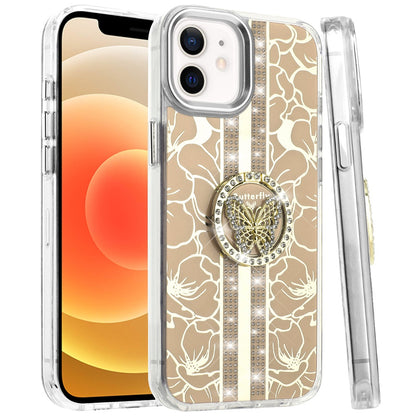 For Apple iPhone 16 (6.1") Diamonds 3D Butterfly Floral Design Bling Sparkly Glitter Hybrid Metal Fashion with Ring Stand Case Cover