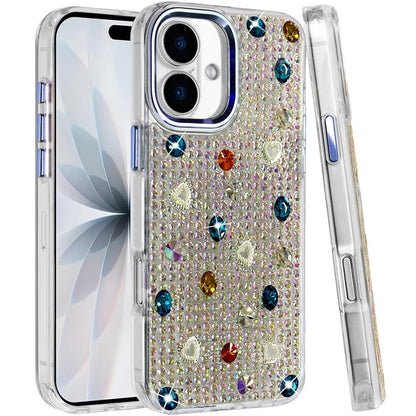Phone Case for Apple iPhone 18 Chrome Fashion Hybrid Bling Diamond Heart Rhinestone Decorative Stones Sparkling Embellished Design Cover